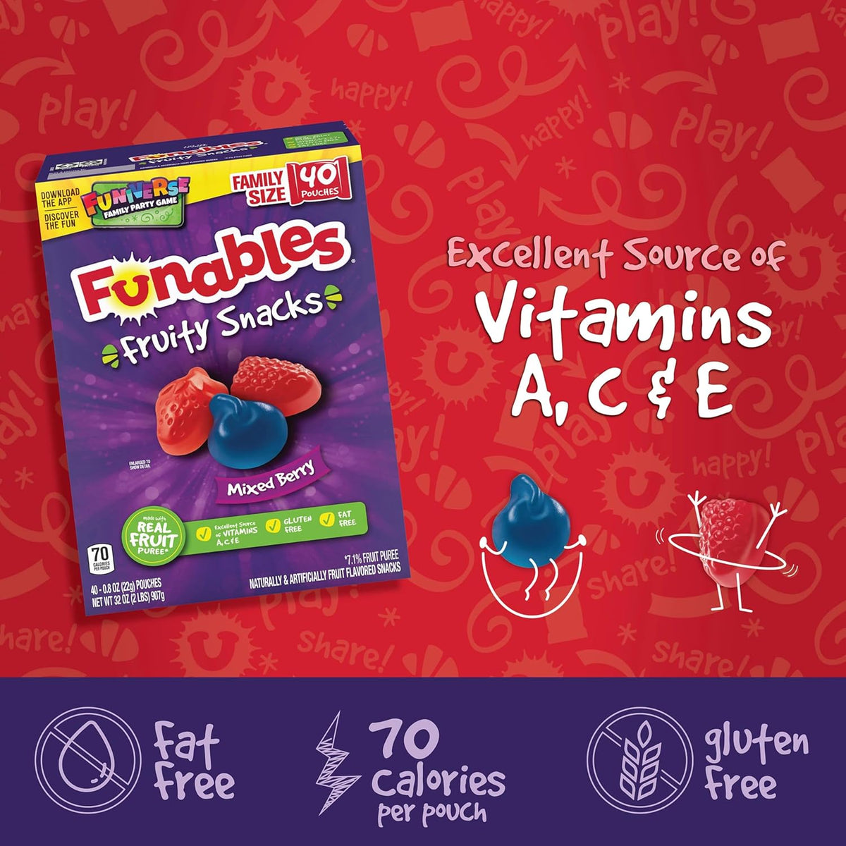 Funables Fruity Snacks, Gluten Free Berry Gummies for School Lunchboxes and After-School Snacks