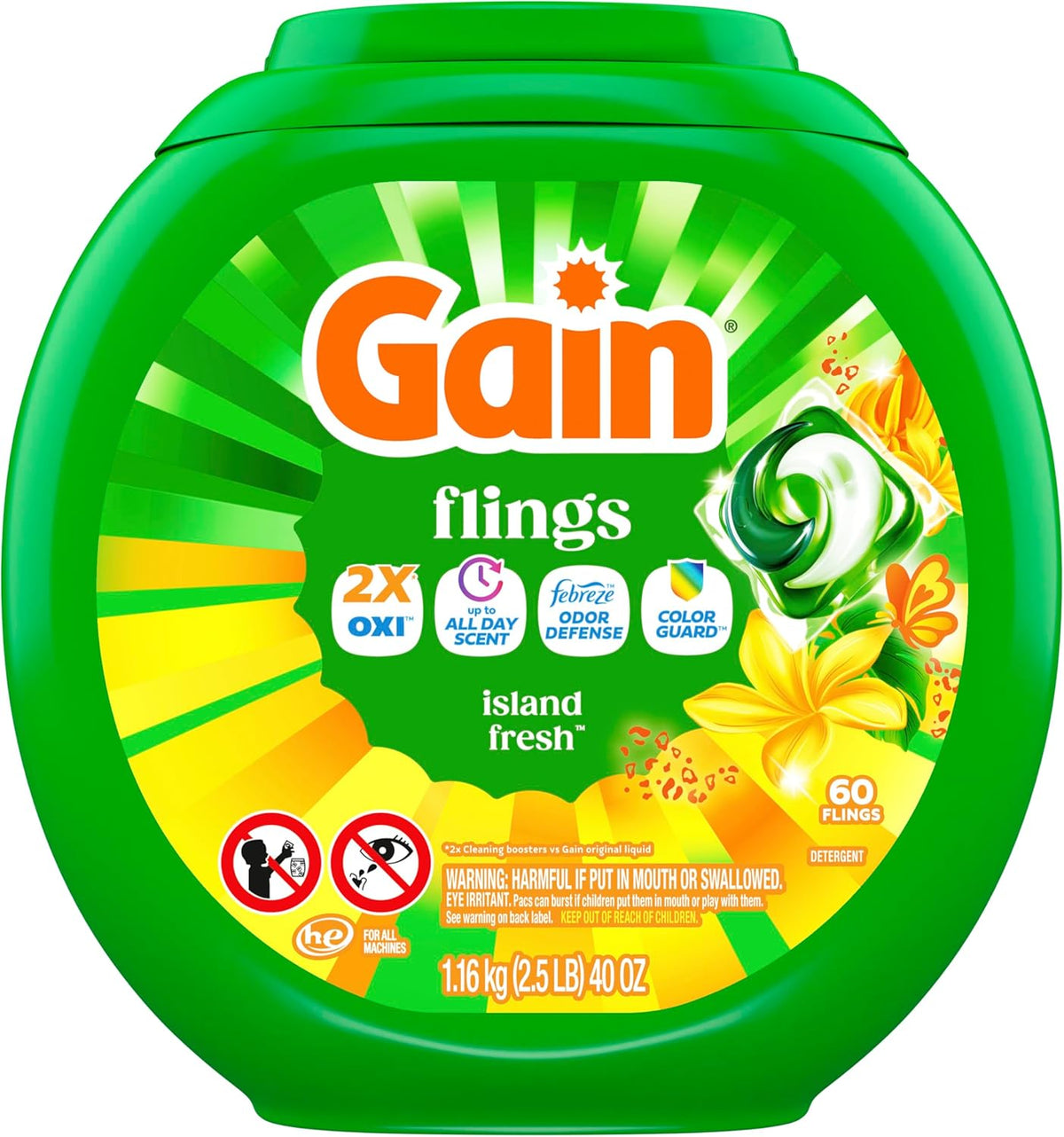 Gain Flings Liquid Laundry Pacs for Aromatherapy Self-Care Rituals, Island Fresh All Day Scent Capsules and Febreze Odor Defense Pods