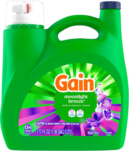 Gain Odor Defense Liquid Detergent, Moonlight Breeze Aroma – Bulk Family Laundry Soap for School Clothes and Towel Storage, 177 fl oz, 134 Loads