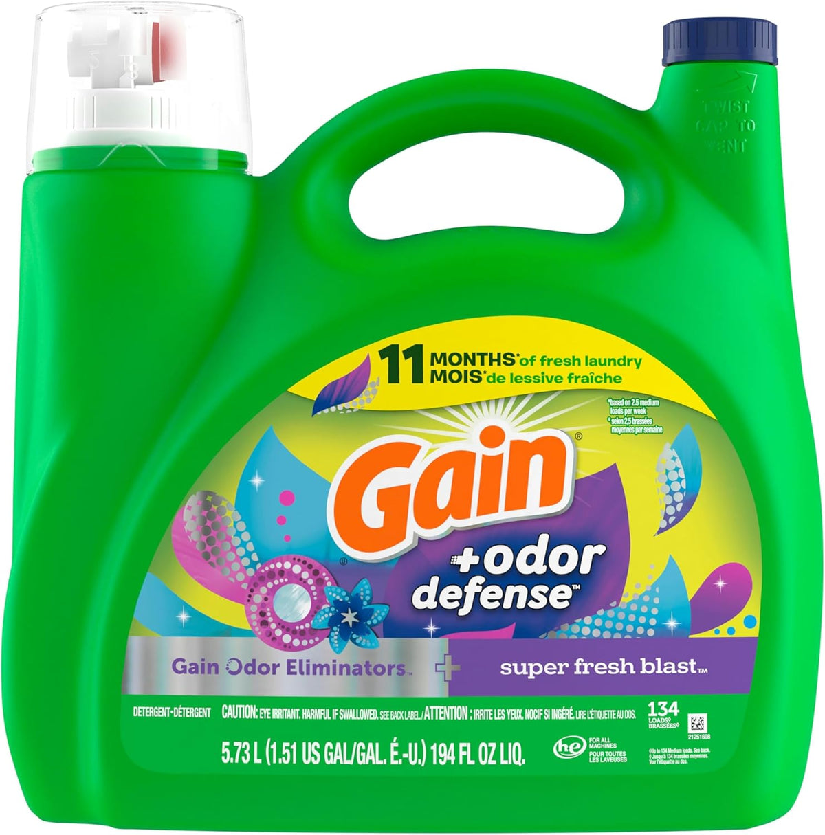 Gain Super Fresh Blast 2 in 1 Odor Defense Laundry Detergent Liquid 194 fl oz HE Compatible, Odor Fighting Laundry Soap for Playroom and Kids Clothes