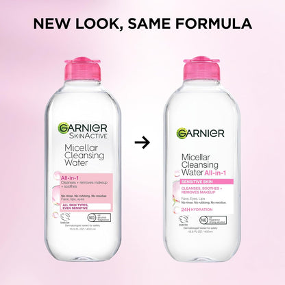 Garnier Micellar Water Hydrating Cleanser – All-in-One Face, Lip and Eye Makeup Remover for a Clutter-Free Vanity, 13.5 Fl Oz 2-Pack