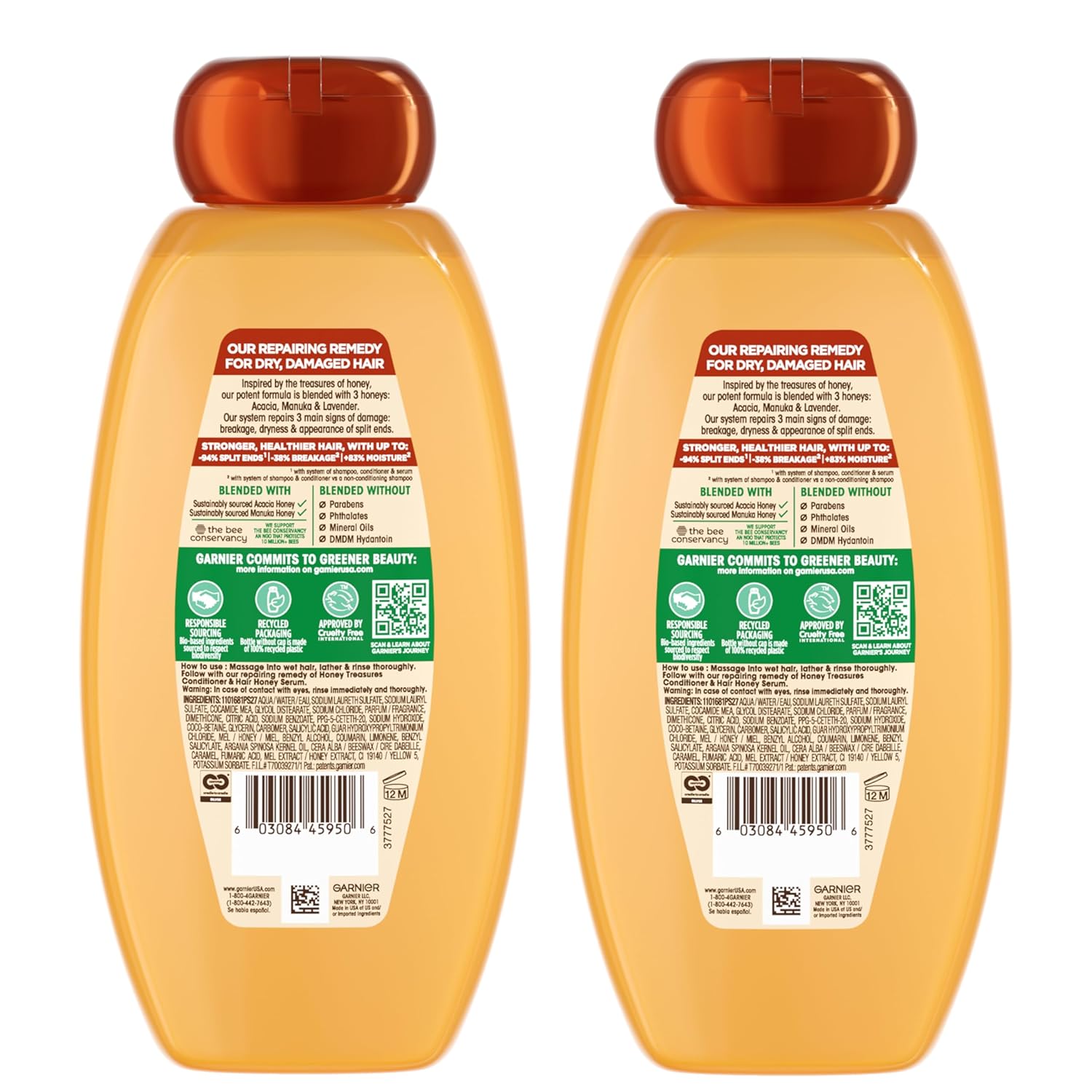 Garnier Whole Blends Honey Treasures Repairing Shampoo – Premium Honey-Infused Hair Repair, Elegant 2-Pack for the Refined Home