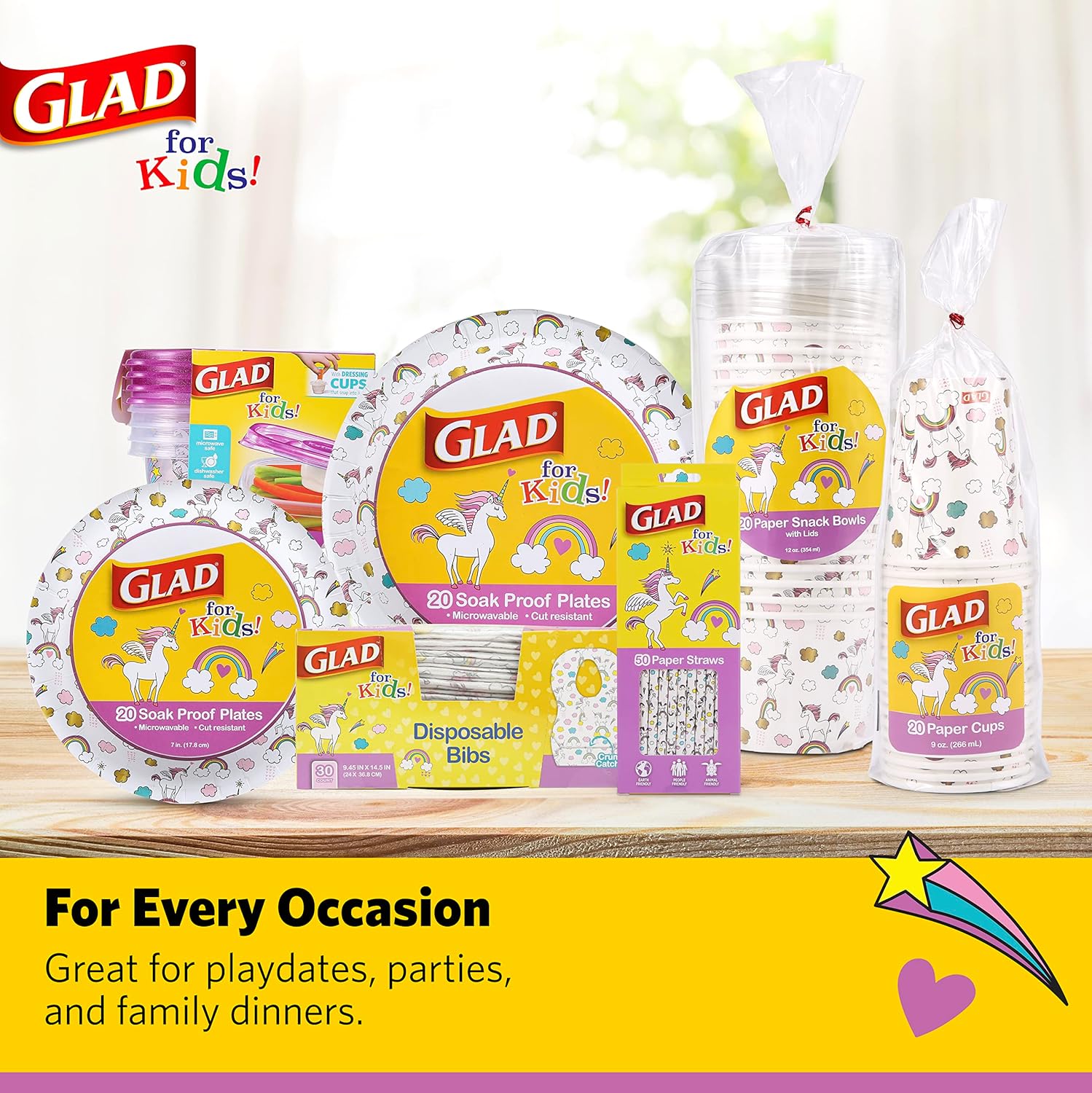 Glad for Kids Unicorn Disposable Paper Bibs, Travel-Ready Toddler Bibs for Car Trips, Picnics, and Park Snack Time, 30 Count