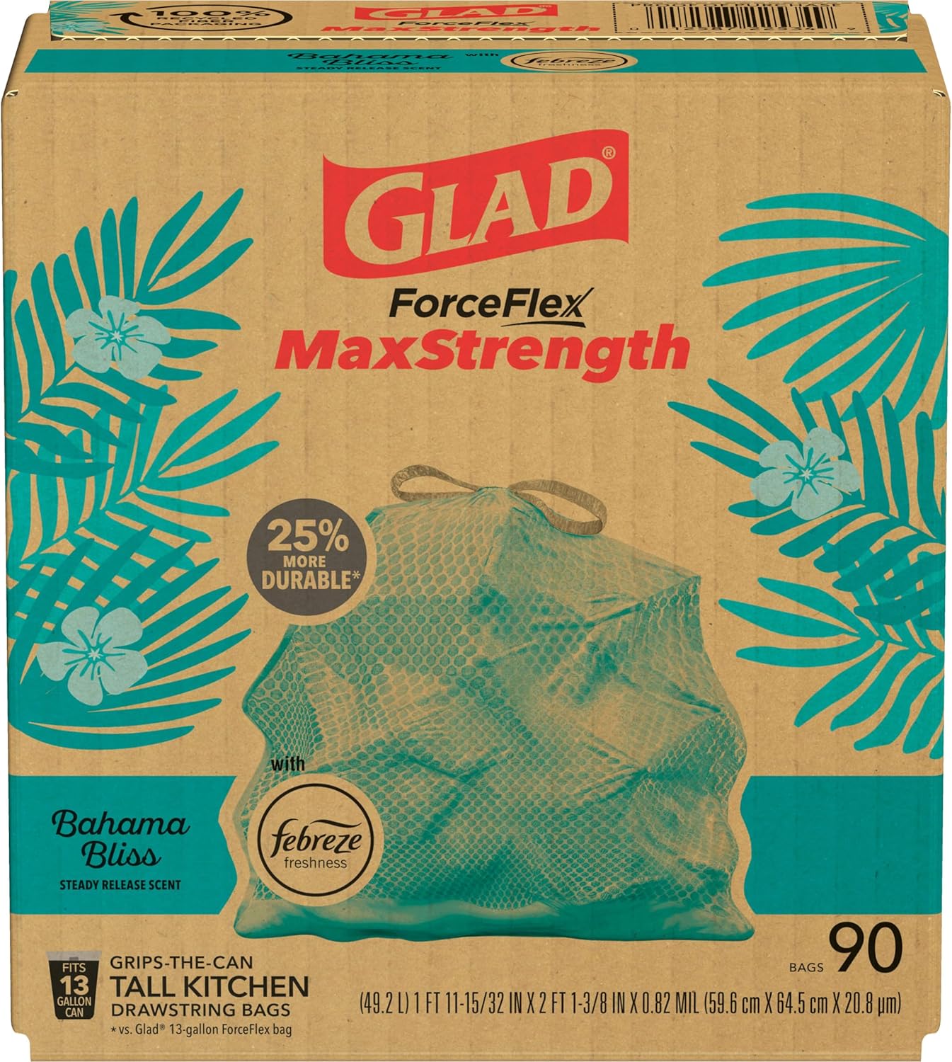 Glad ForceFlex MaxStrength 13 Gal Trash Bags — LeakGuard and RipGuard Bags That Prevent Messy Floor Spills in Family Kitchens, 90 Count
