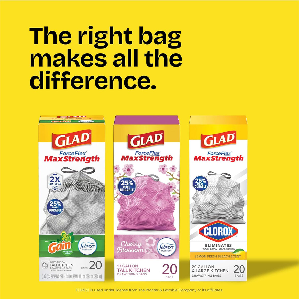 Glad ForceFlex MaxStrength XL 20 Gal Kitchen Bags, OdorShield Fresh Clean to Lock In Diaper and Snack Disposal Smells, 80 Ct