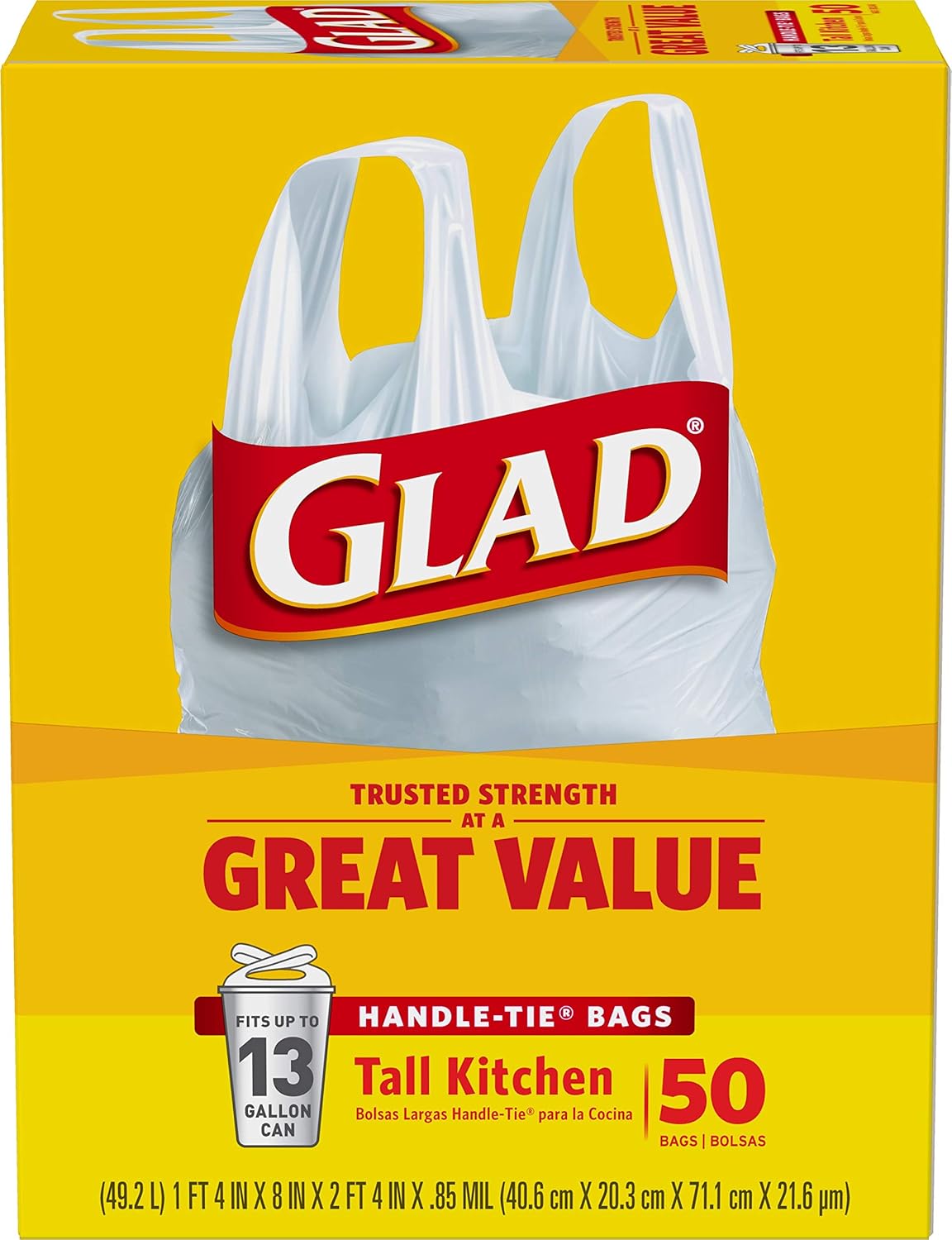 Glad Tall Kitchen Trash Bags 13 Gallon Unscented, Handle-Tie for Safe Family Kitchen Use