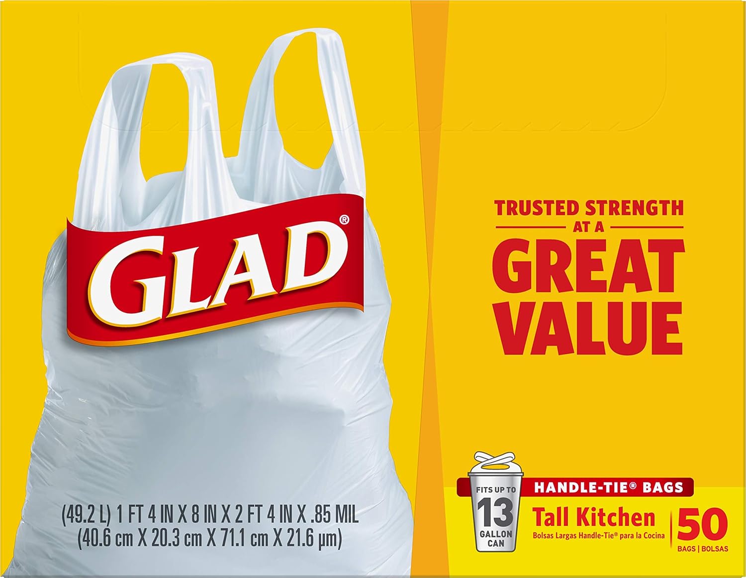 Glad Tall Kitchen Trash Bags 13 Gallon Unscented, Handle-Tie for Safe Family Kitchen Use