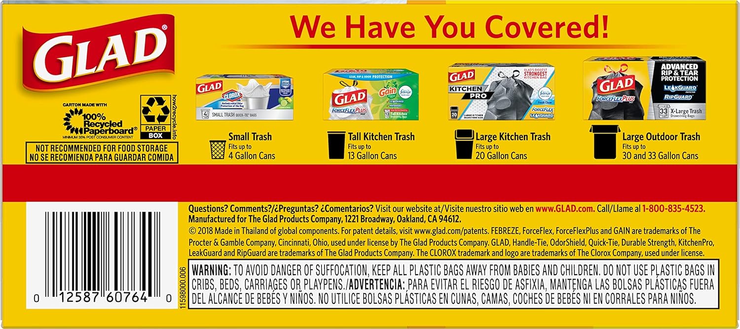 Glad Tall Kitchen Trash Bags 13 Gallon Unscented, Handle-Tie for Safe Family Kitchen Use