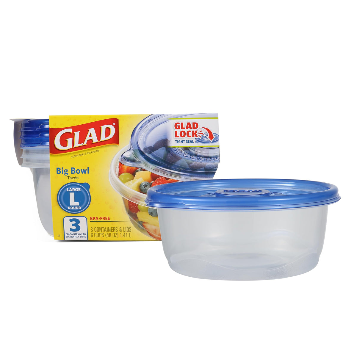 GladWare Big Bowl Food Storage Containers, Large Round Bowl Holds 48 Ounces of Food, 3 Count Set
