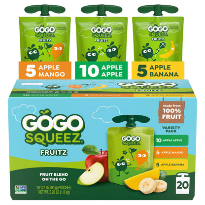 GoGo squeeZ Applesauce and Fruit Puree Variety Pack, Apple, Mango &amp;amp; Banana, 3.2 oz (Pack of 20), Unsweetened Fruit Snacks for Kids, Gluten Free, Nut Free, BPA Free Pouches (Packaging May Vary)
