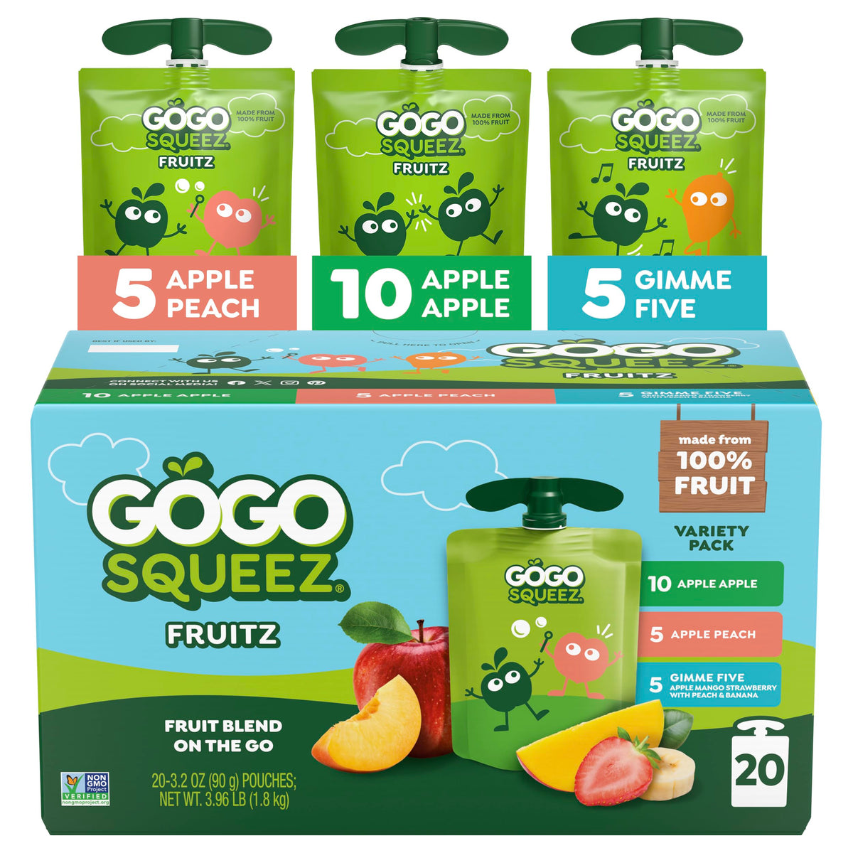 GoGo squeeZ Applesauce and Fruit Puree Variety Pack, Apple, Peach &amp;amp; Gimme Five!, 3.2 oz (Pack of 20), Unsweetened Fruit Snacks for Kids, Gluten Free, Nut Free, BPA Free Pouches (Packaging May Vary)