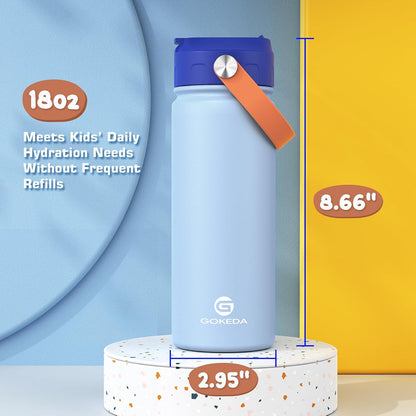 GoKEDA Kids Hydration Bottle 2 Pack - 18oz Stainless Steel Straw Cup with Stickers for Siblings and Playdates