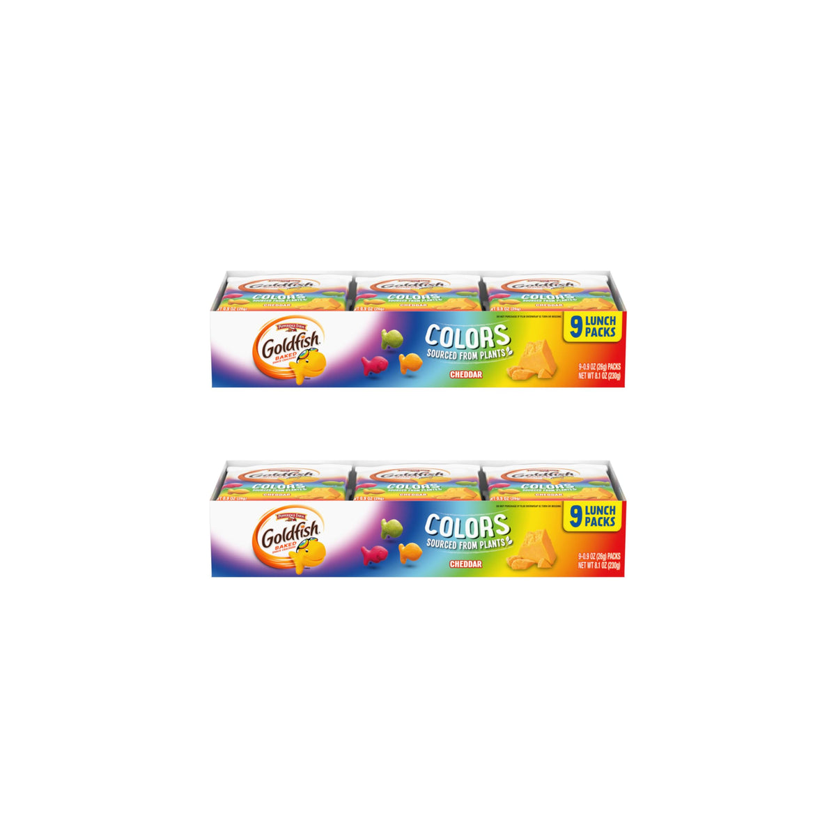 Goldfish Colors Cheddar Crackers, Snack Pack, 0.9 oz, 9 CT Multi-Pack Tray (Pack of 2)