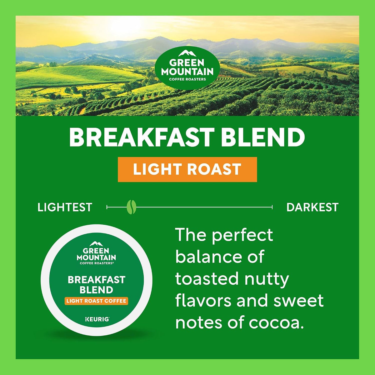 Green Mountain Coffee Roasters Breakfast Blend K-Cup Pods – Responsibly Sourced Coffee for Daily Wellbeing Rituals, 96 Count