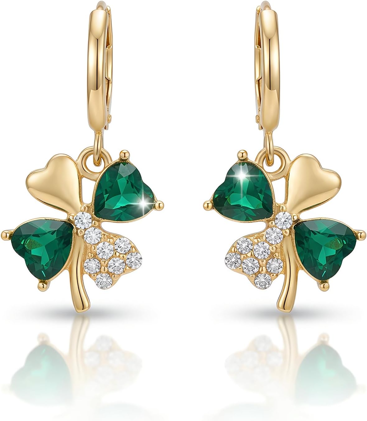 green shamrock/four-leaf clover charm dangles from hoop base