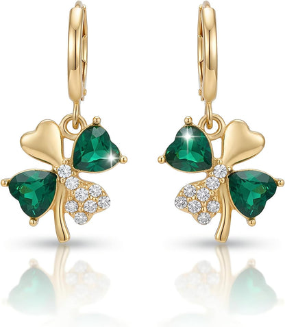 green shamrock/four-leaf clover charm dangles from hoop base