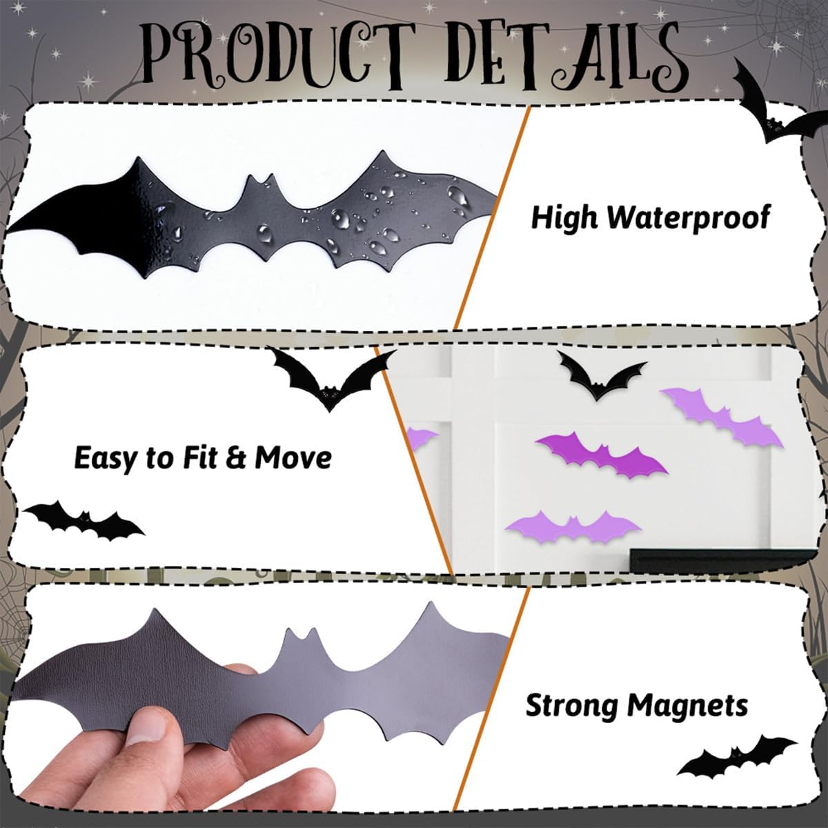 Halloween Bat Wall Stickers for Outdoor Use – 72 Piece 3D Removable PVC Decals for Front Door, Windows, and Yard