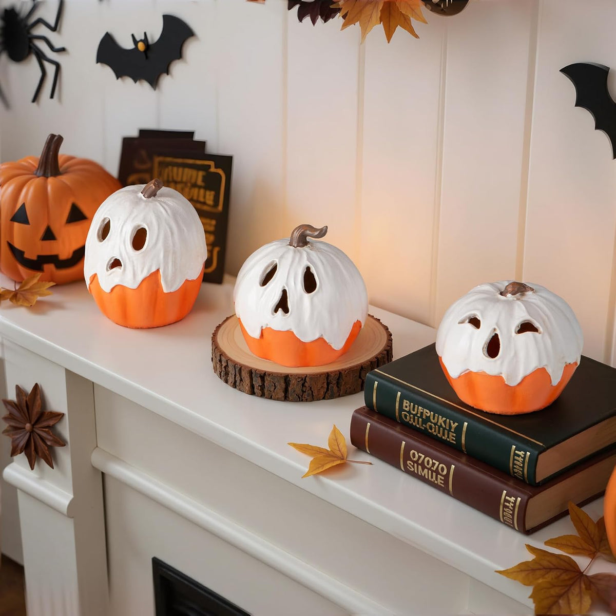 Halloween Decorations Light Up Ghost Pumpkin Set of 3 – Safe Playroom Shelf Accent for Toddlers and Young Kids
