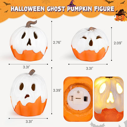 Halloween Decorations Light Up Ghost Pumpkin Set of 3 – Safe Playroom Shelf Accent for Toddlers and Young Kids