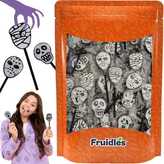 hard candy lollipops on sticks in skull, mummy, and ghost shapes