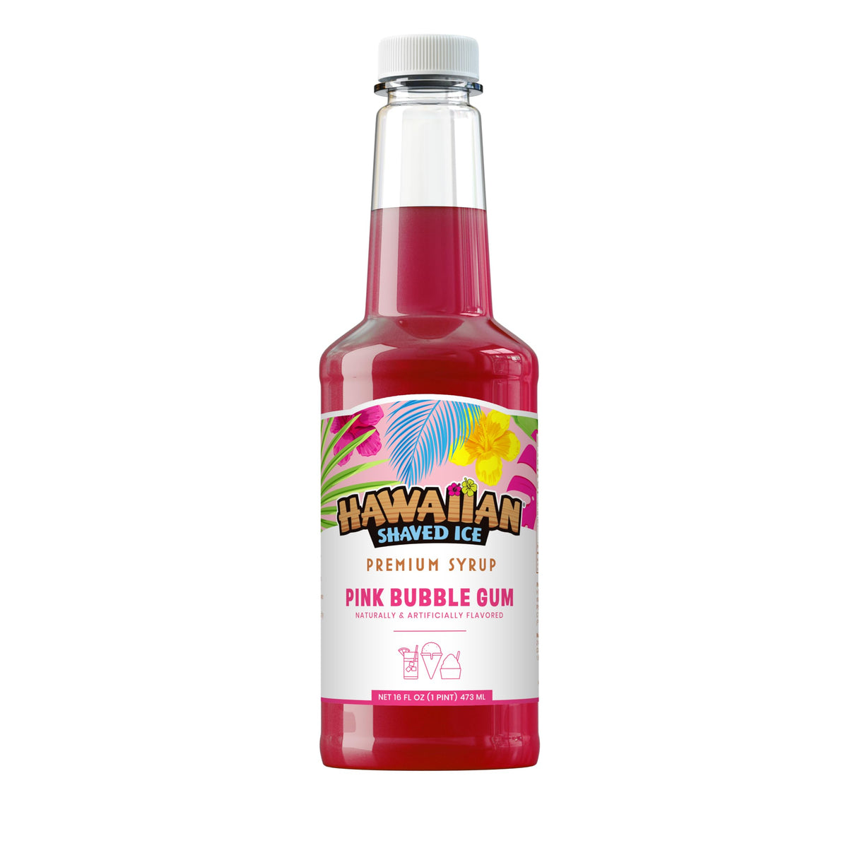 Hawaiian Shaved Ice Pink Bubble Gum Syrup - Nut Soy Dairy Free - Flavor Fluffy &amp;amp; Crunchy Snow Cones - Shelf Stable - Makes 8 Servings - 16 ounces
