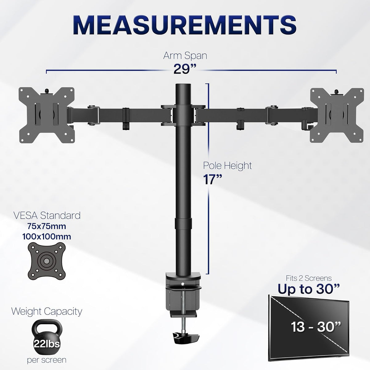 heavy-duty c-clamp fits desks up to 3.25" thick, with optional grommet mount