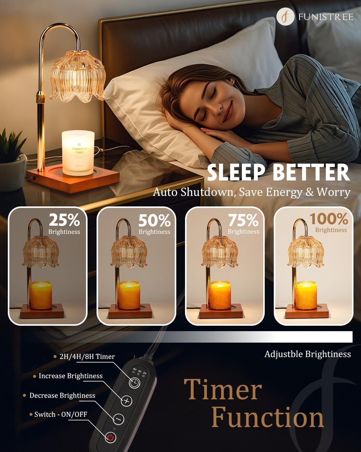 height-adjustable lamp head ranging from 11.43" to 13.79" to fit all jar candle sizes