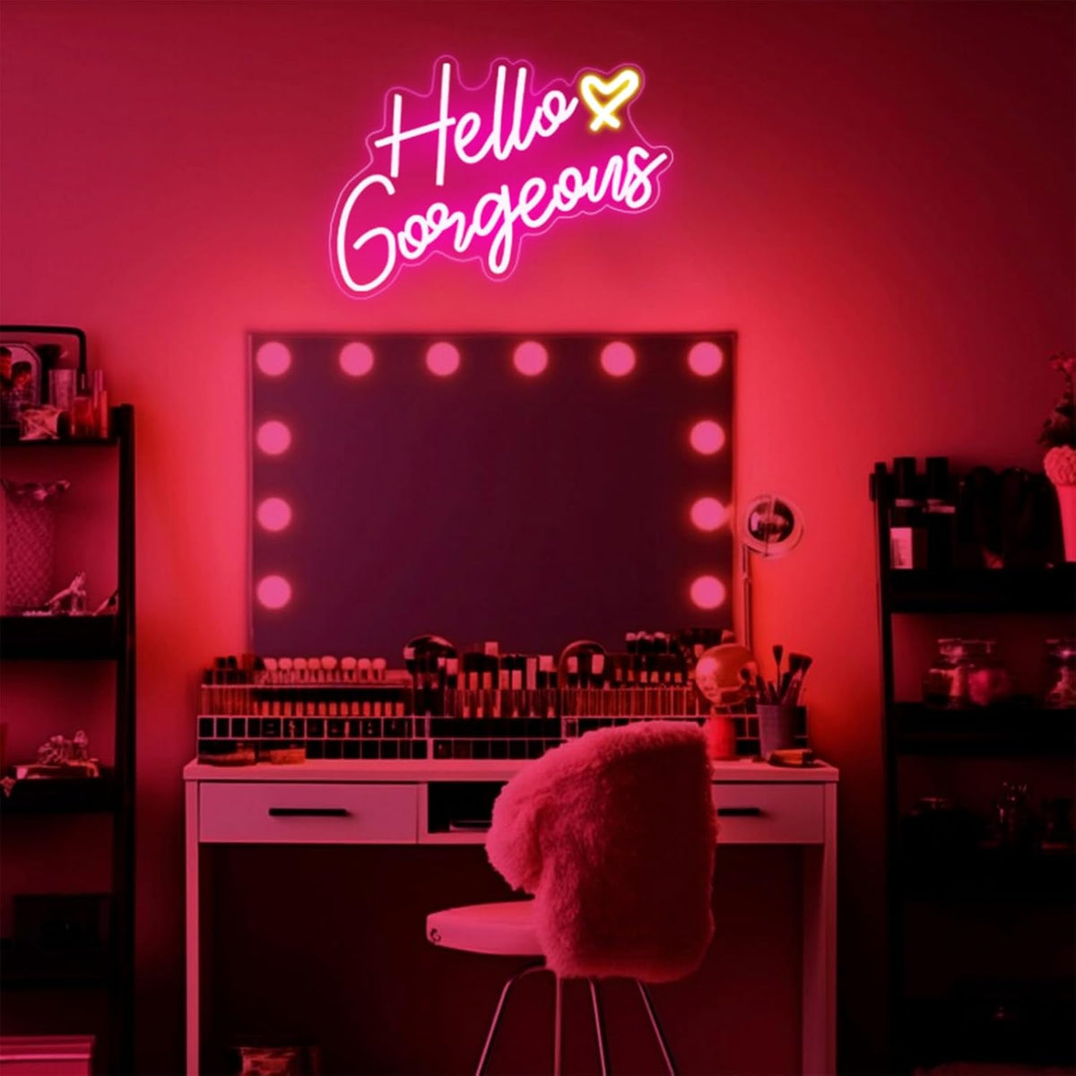 Hello Gorgeous Neon Sign – Vanity Corner Accent Light for Dorm and Apartment, Pink Neon Sign with Adjustable Brightness