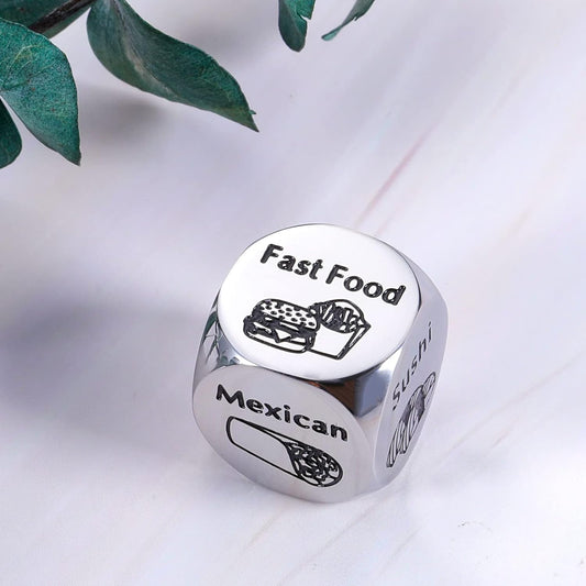 hexahedron (6-sided) shape with crisp engraved food/activity choices that don't fade