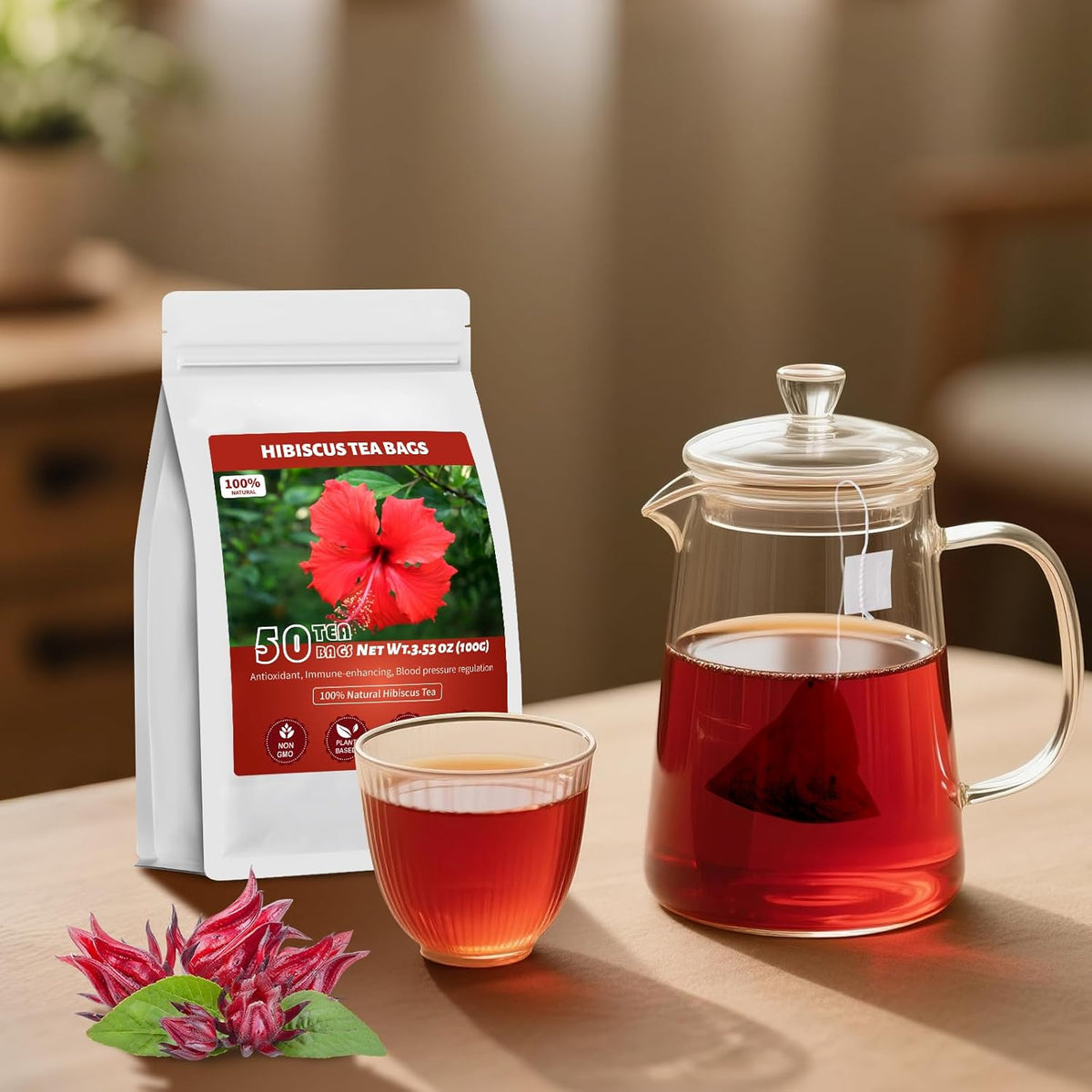 Hibiscus Tea Bags – Housewarming Present for Wellness Lovers, Organic Floral Herbal Tea Set