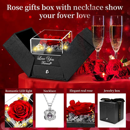 hidden 'i love you' necklace engraved with 100 languages of 'i love you' tucked under the rose