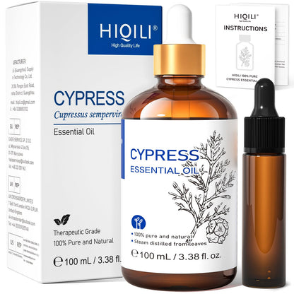 HIQILI 100ML Cypress Essential Oil, 100% Natural for Diffuser, Skin Care, Includes 10ML Travel Bottle - 3.38 Fl Oz