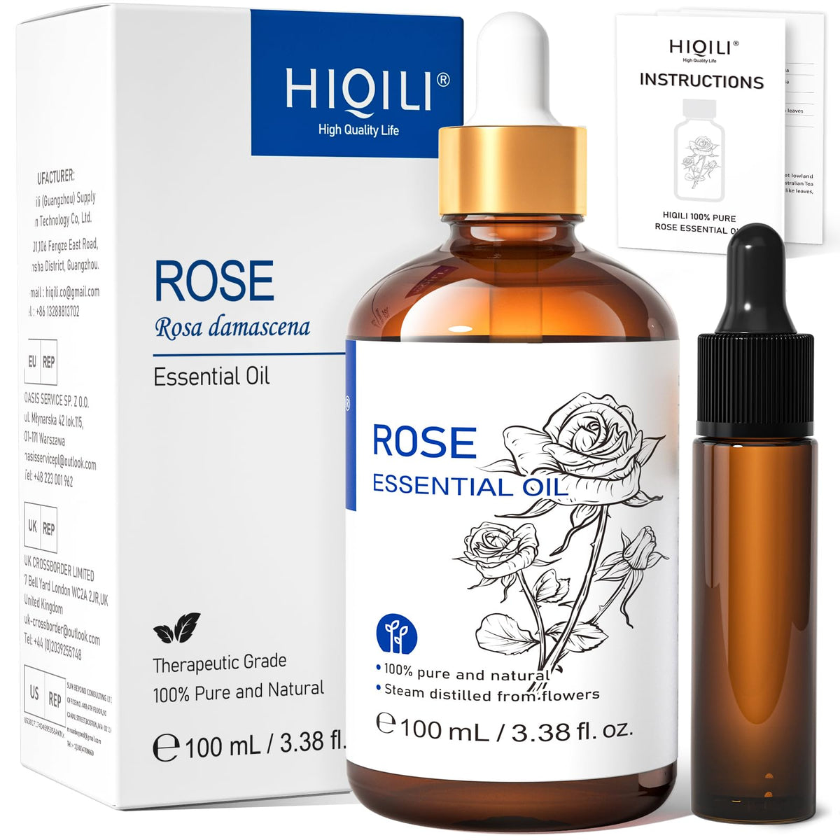 HIQILI 100ML Rose Essential Oil for Skin, Diffuser &amp;amp; Candle, 100% Pure and Natural - 3.38 Fl Oz