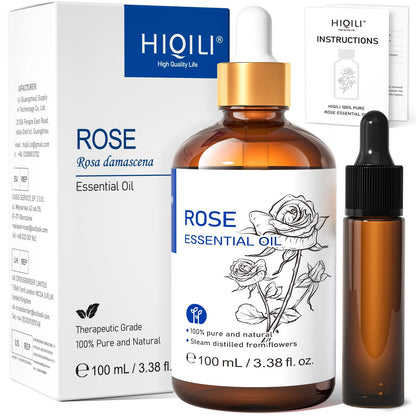 HIQILI 100ML Rose Essential Oil for Skin, Diffuser &amp;amp; Candle, 100% Pure and Natural - 3.38 Fl Oz