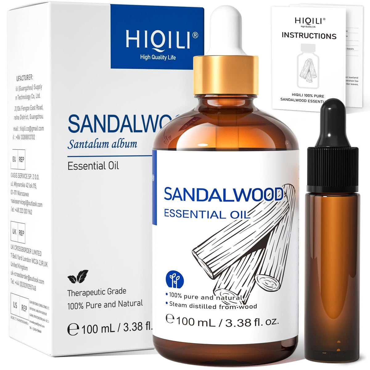 HIQILI Sandalwood Essential Oils, Long-Lasting Scent for Perfume, Diffuser, Soap Making &amp;amp; Candle- 3.38 Fl Oz
