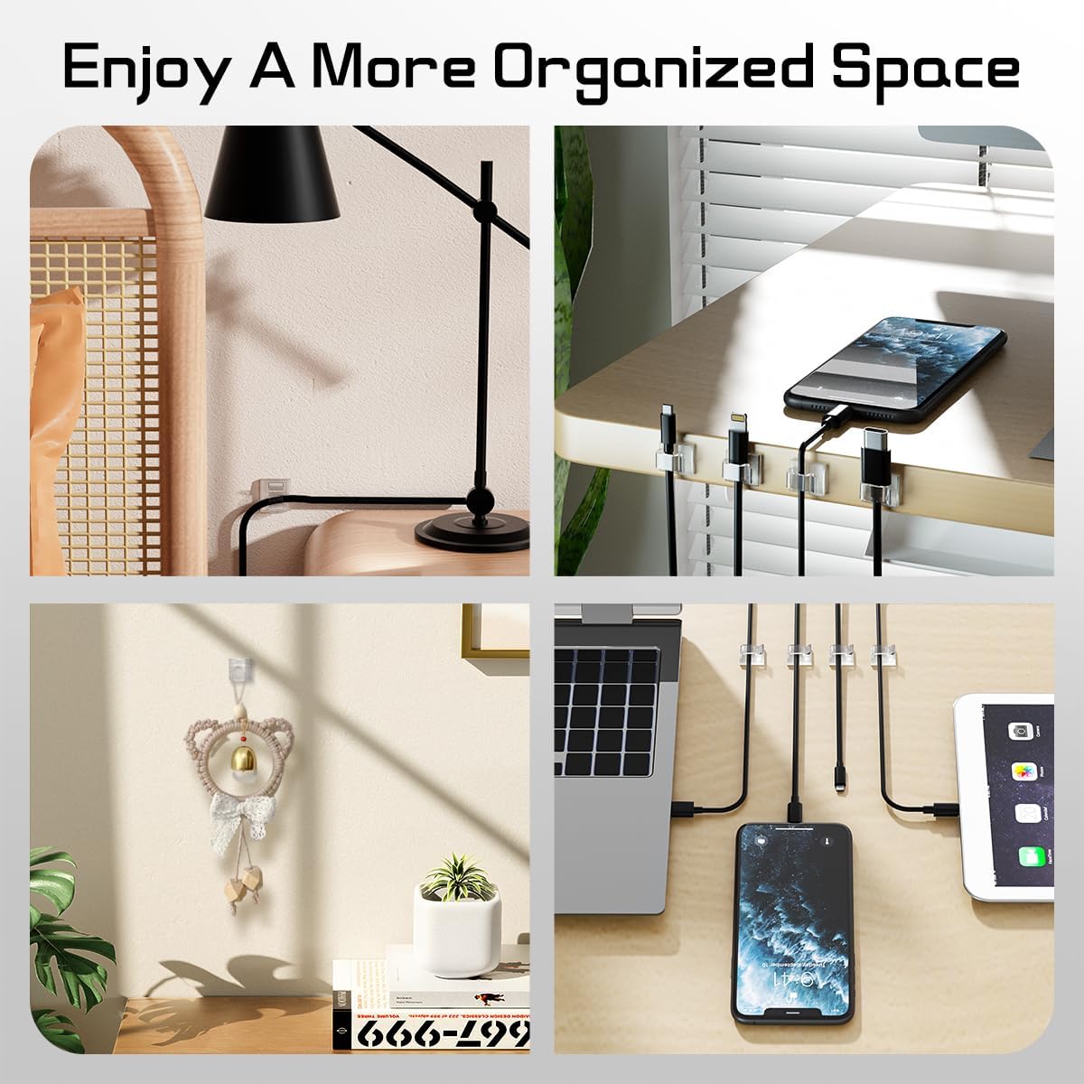 HOLIDAYOWL Minimalist Cable Clips for Clean Wall Aesthetic, Clear Adhesive Hooks for Uncluttered Cord and Light Management