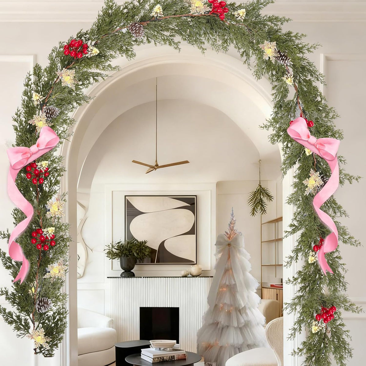 HolyNook Studio Pre-Lit Garland – Thoughtful Housewarming Gift for Her with Snowflake and Tree LED Lights