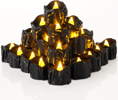 Homemory 24-Pack No-Flame Battery Tea Lights – Child-Safe Black Drip LED Candles for Family Pumpkin Carving & Party Tables