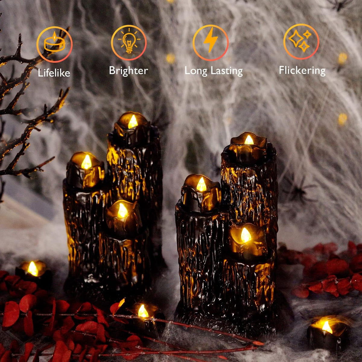 Homemory 24-Pack No-Flame Battery Tea Lights – Child-Safe Black Drip LED Candles for Family Pumpkin Carving & Party Tables