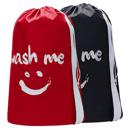HOMEST 2 Pack XL Wash Me Travel Laundry Bag with Strap, Dirty Garments Organizer, Large Enough to Hold 4 Loads of Clothes, Easy Fit a Hamper or Clothing Basket, Black and Red
