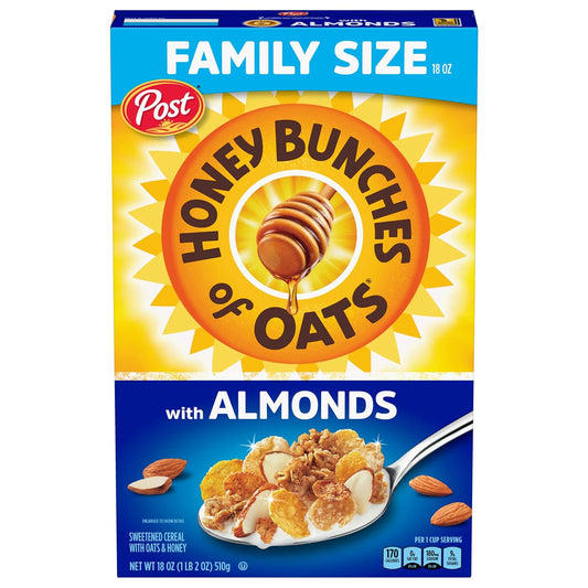 honey-coated flakes, granola clusters, and sliced almond bits in a single blend