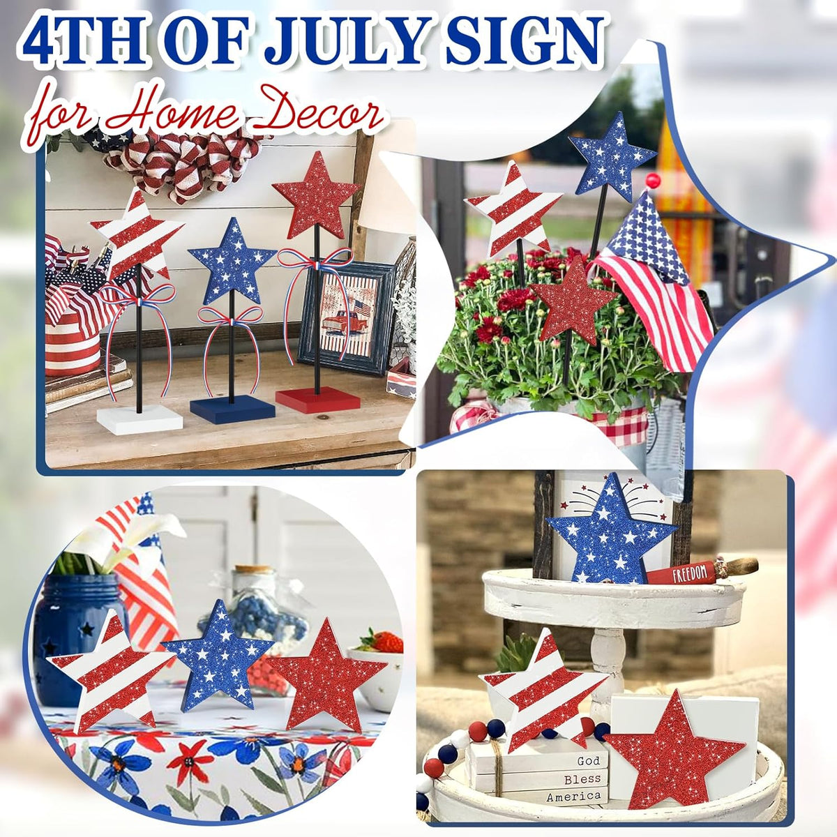 Hosely Minimalist Wooden Star Set – Understated Red White and Blue Decor for Uncluttered Shelves