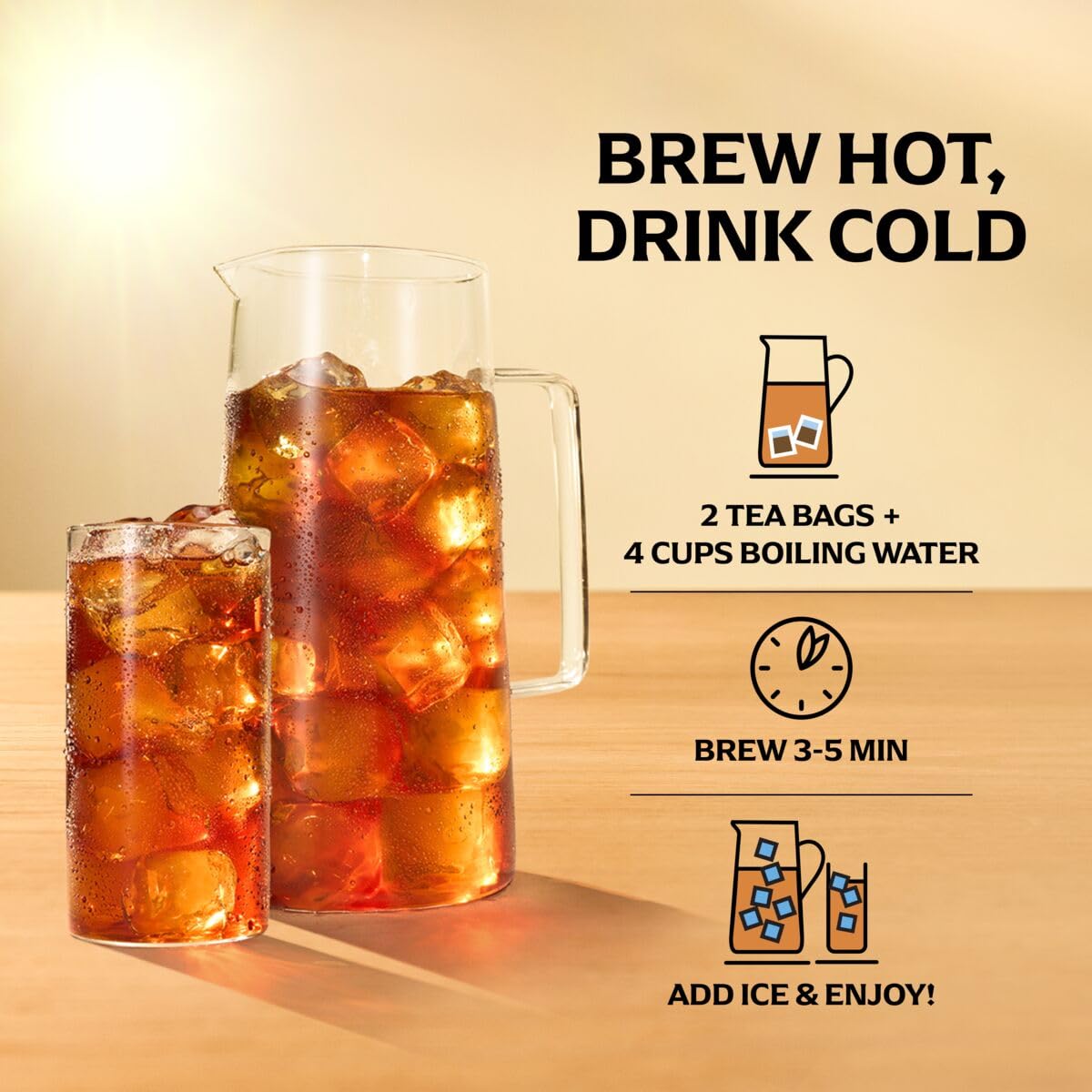 hot-brew / cold-drink method: steep 2 bags in 4 cups boiling water for 3-5 minutes, then dilute with ice or cold water
