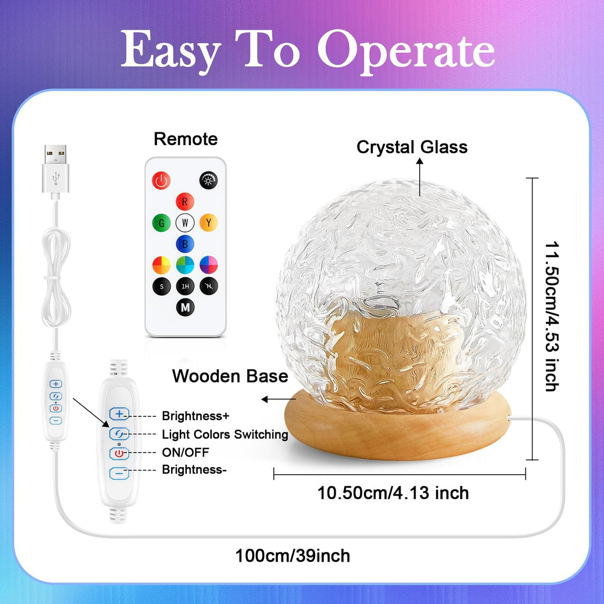 HYTIB Crystal Ball Night Light – Safe Flicker-Free Sleep Lamp for Kids Bedroom and Nursery, 1-Hour Auto Timer