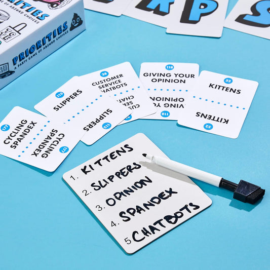 included dry-erase whiteboard and marker for tracking rankings each round
