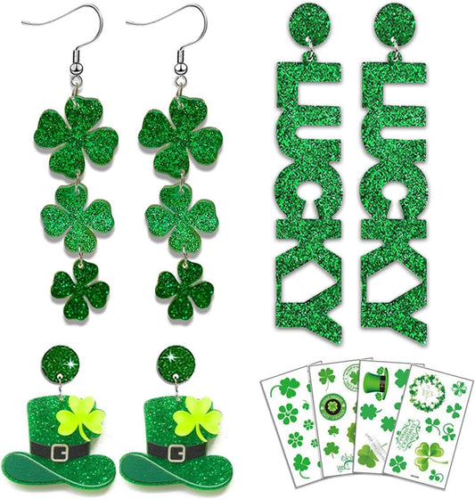 includes 3 pairs of irish-themed earrings (shamrock and green colorways)