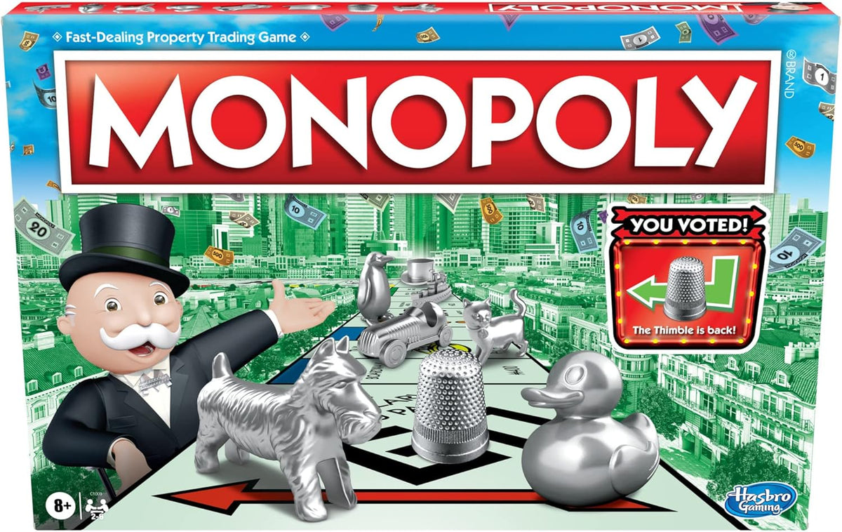 includes 8 playable tokens: top hat, rubber ducky, scotty, hazel, race car, penguin, battleship, and thimble (token vote edition)