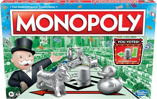 includes 8 playable tokens: top hat, rubber ducky, scotty, hazel, race car, penguin, battleship, and thimble (token vote edition)