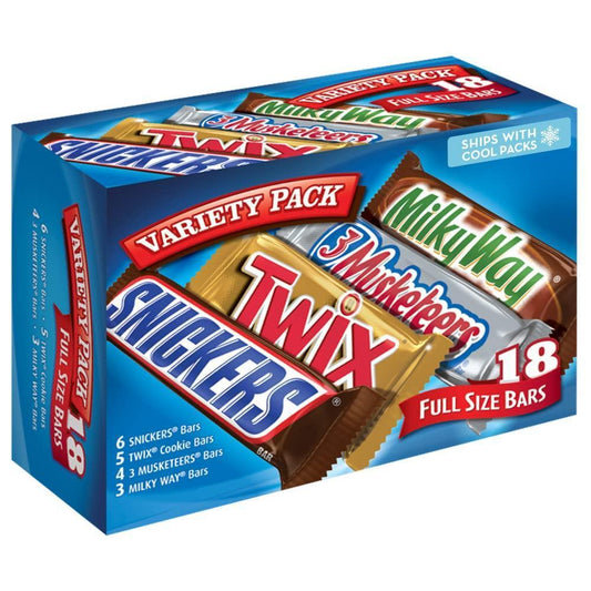 includes four full-size varieties: snickers, twix, 3 musketeers, and milky way
