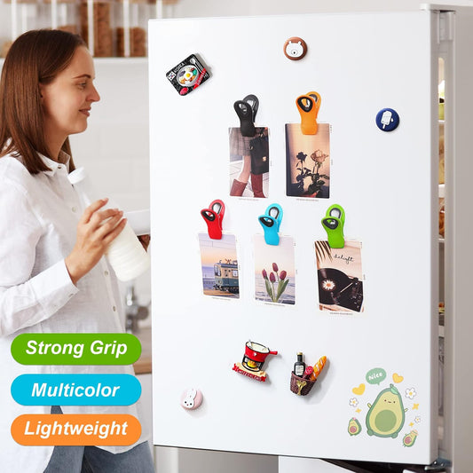 integrated magnet in each clip for fridge-mounting notes, photos, and recipes